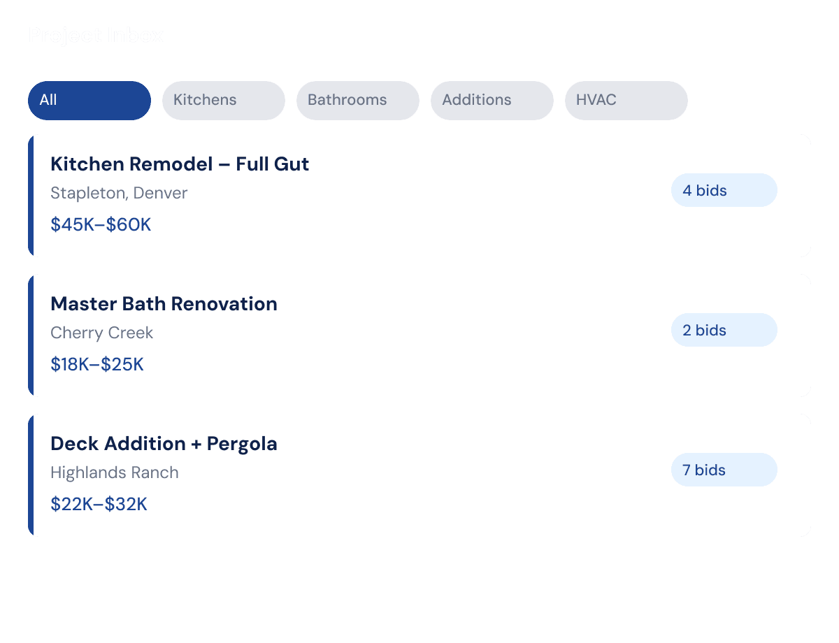 Project inbox with matching projects